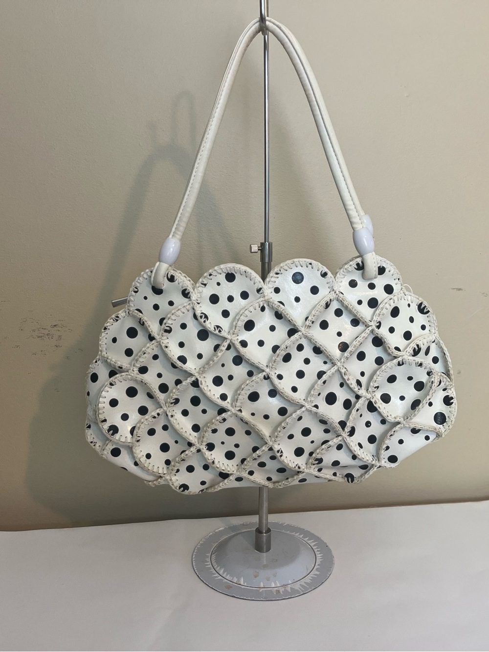 White Polka Dot Woven Shoulder Bag